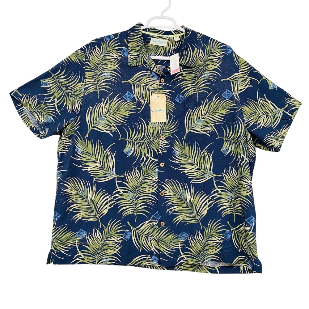 NEW Caribbean 100% Silk Palm Print Button Up Shirt Men's XXL Tropical Resort‎
